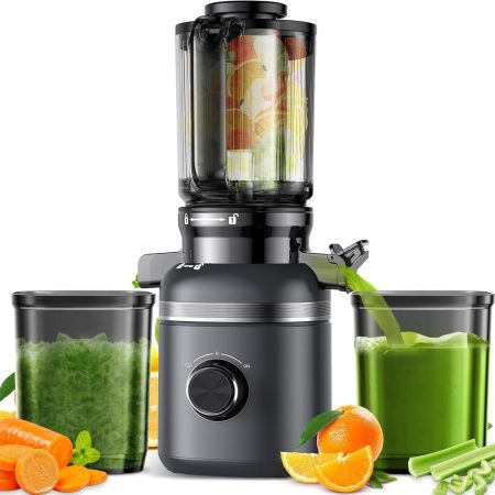 Cold Press Masticating Juicer Machines with Built-in Blades for Slicing Whole Fruits & Vegetables, 4.35" Large Feeding Chute, Quiet & Easy to Clean, 99% High Juice Yield