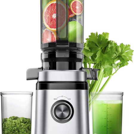 Juicer Machines, Cold Press Juicer with 4.41" Wide Feed Chute, 350W Slow Masticating Juicers for Whole Vegetables & Fruits, High Juice Yield, Easy to Clean, Large Auger, Silver