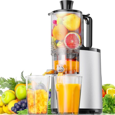 Cold Press Juicer,  5.5" Extra Large Feed Chute Slow Masticating Juicer, 250W Juicer Machines, 99.6% High Juice Yield, Easy to clean, Reverse Function, for Whole Vegetables & Fruits. Sliver